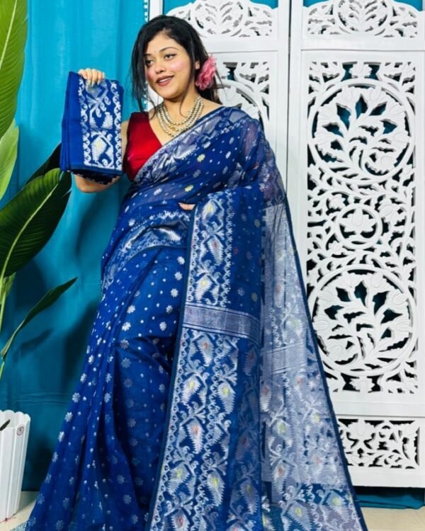 Deep Blue Soft Golden Buti Jamdani Sari With Blouse Piece