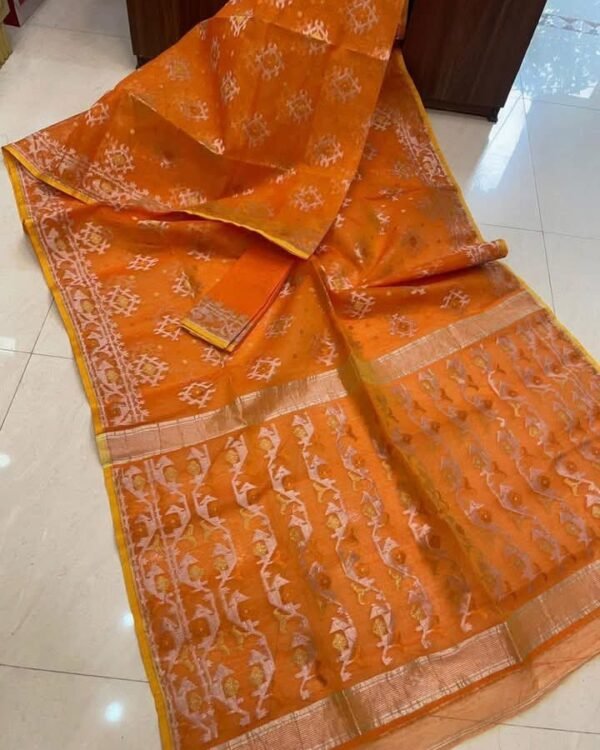 Deep Orange Soft Joriwork Jamdani Sari With Blouse Piece