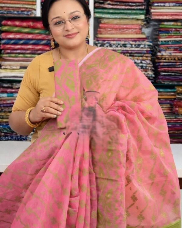 Deep Rose Soft Buti Jamdani Sari With Blouse Piece