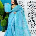 Denim Blue Soft Lota Jamdani Sari With Blouse Piece