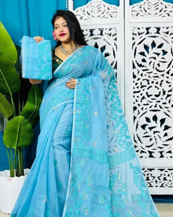 Denim Blue Soft Lota Jamdani Sari With Blouse Piece