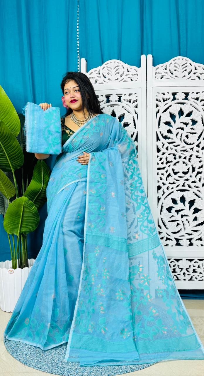 Denim Blue Soft Lota Jamdani Sari With Blouse Piece