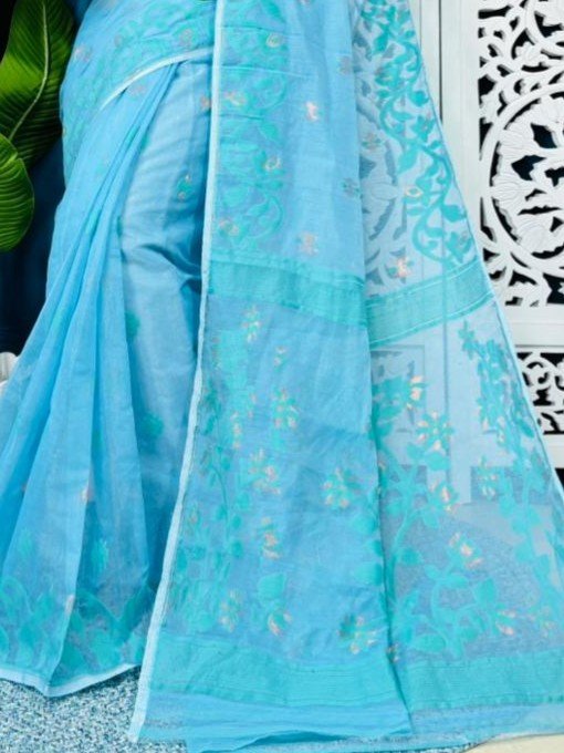 Denim Blue Soft Lota Jamdani Sari With Blouse Piece