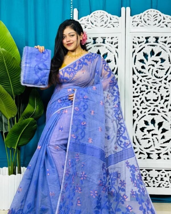 Dusky Blue Soft Lota Jamdani Sari With Blouse Piece