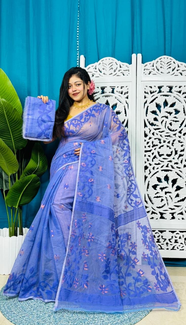 Dusky Blue Soft Lota Jamdani Sari With Blouse Piece