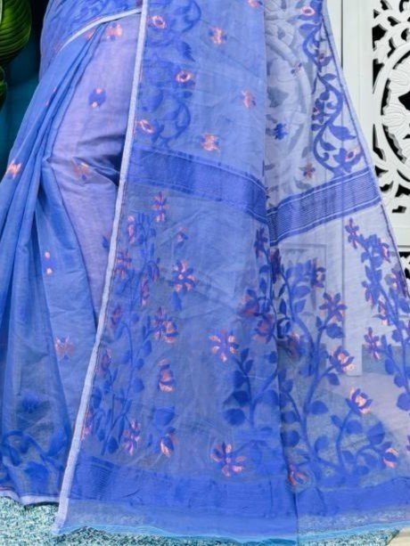 Dusky Blue Soft Lota Jamdani Sari With Blouse Piece