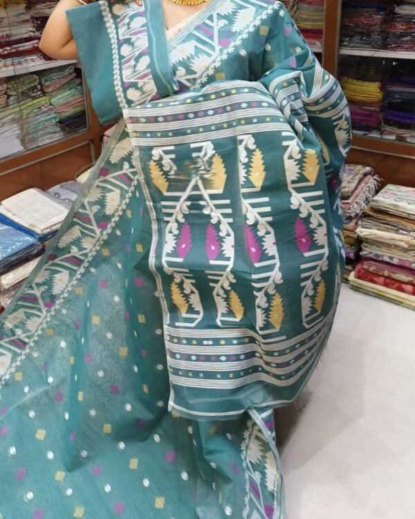 Dusty Teal Soft Dhakai Jamdani Sari With Blouse Piece