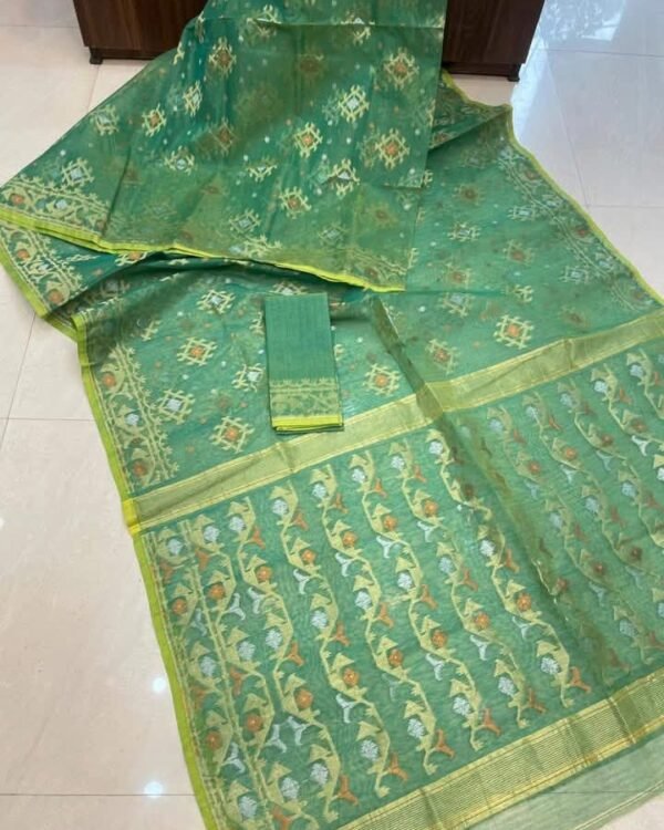 Dusty Teal Soft Joriwork Jamdani Sari With Blouse Piece