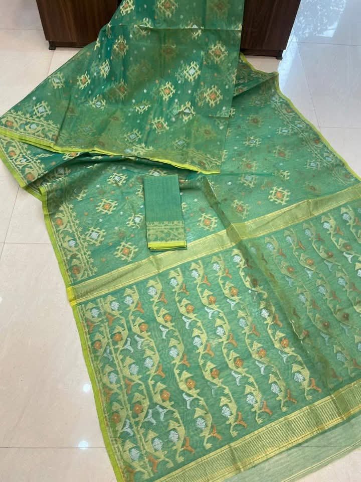 Dusty Teal Soft Joriwork Jamdani Sari With Blouse Piece