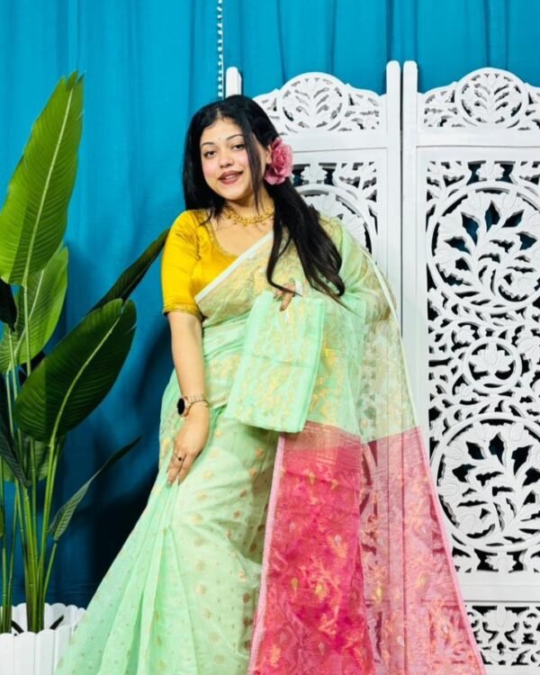 Faded Green Soft Golden Buti Jamdani Sari With Blouse Piece