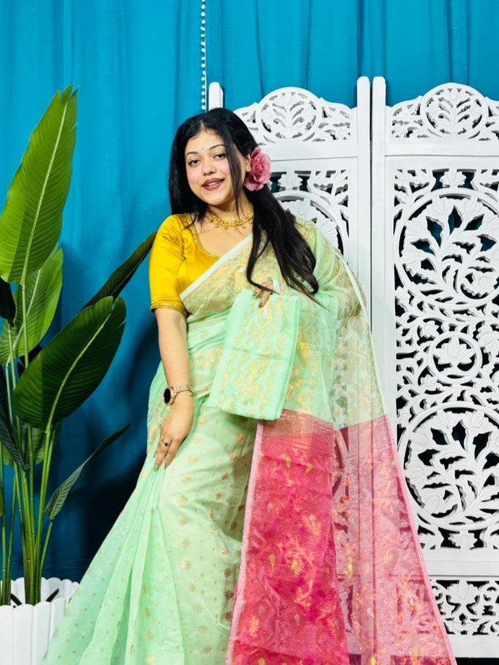 Faded Green Soft Golden Buti Jamdani Sari With Blouse Piece