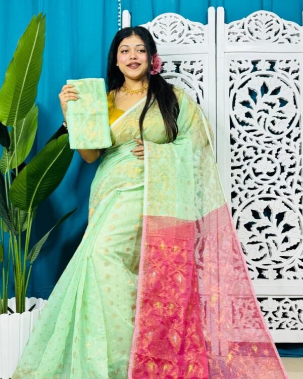 Faded Green Soft Golden Buti Jamdani Sari With Blouse Piece