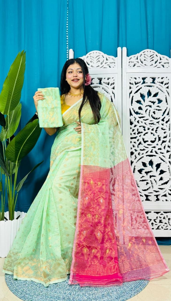 Faded Green Soft Golden Buti Jamdani Sari With Blouse Piece