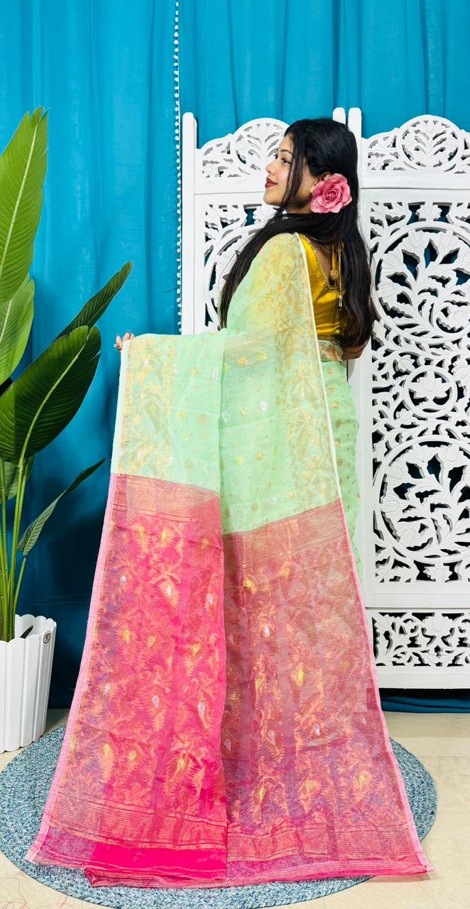 Faded Green Soft Golden Buti Jamdani Sari With Blouse Piece
