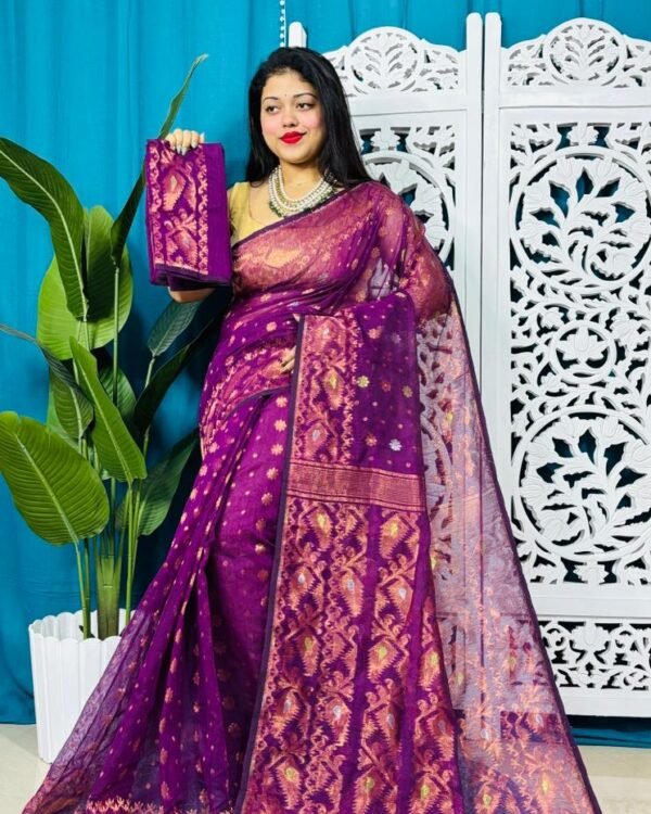 Grape Purple Soft Golden Buti Jamdani Sari With Blouse Piece