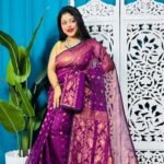 Grape Purple Soft Golden Buti Jamdani Sari With Blouse Piece