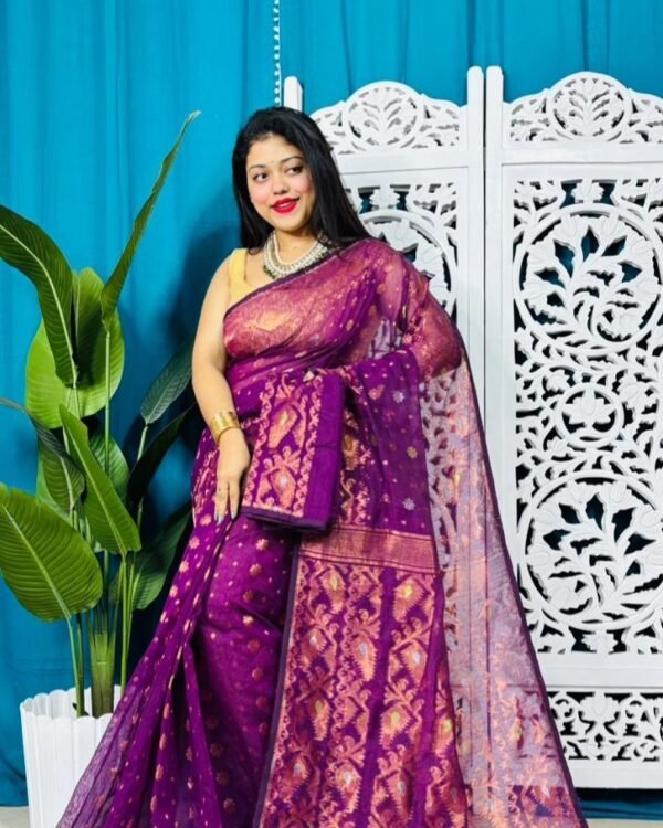 Grape Purple Soft Golden Buti Jamdani Sari With Blouse Piece
