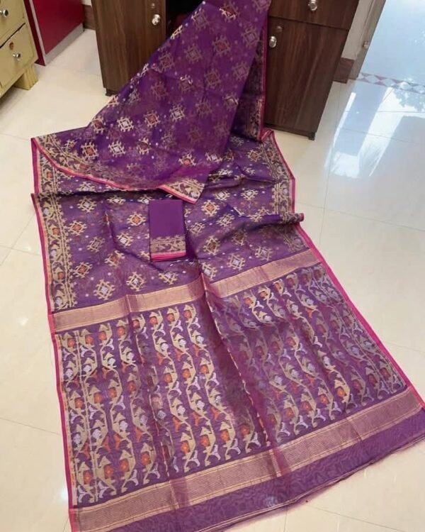 Grape Purple Soft Joriwork Jamdani Sari With Blouse Piece