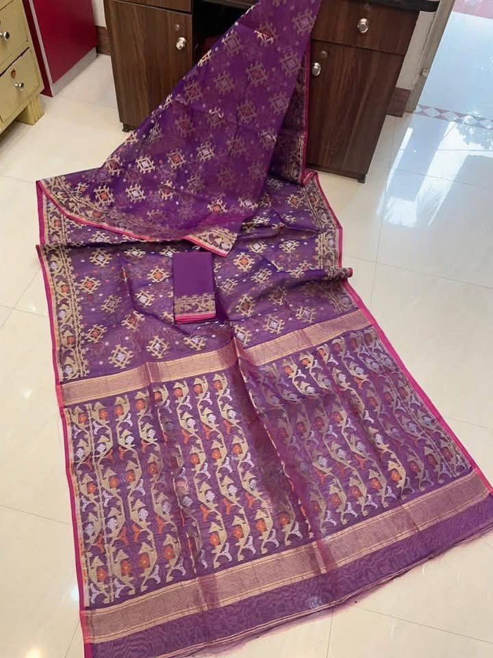 Grape Purple Soft Joriwork Jamdani Sari With Blouse Piece