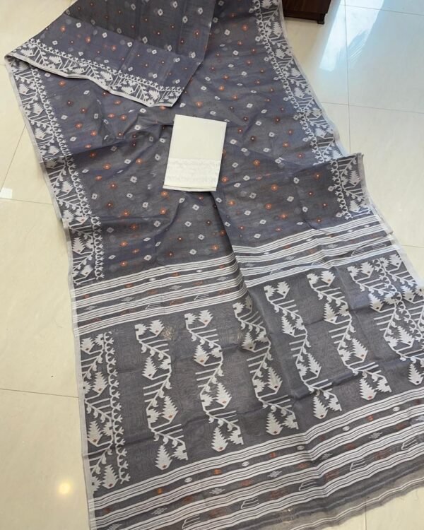Grey Soft Buti Karat Jamdani Sari With Blouse Piece