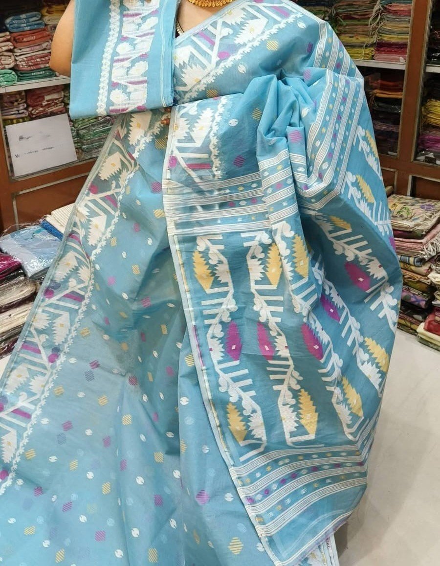 Hippie Blue Soft Dhakai Jamdani Sari With Blouse Piece