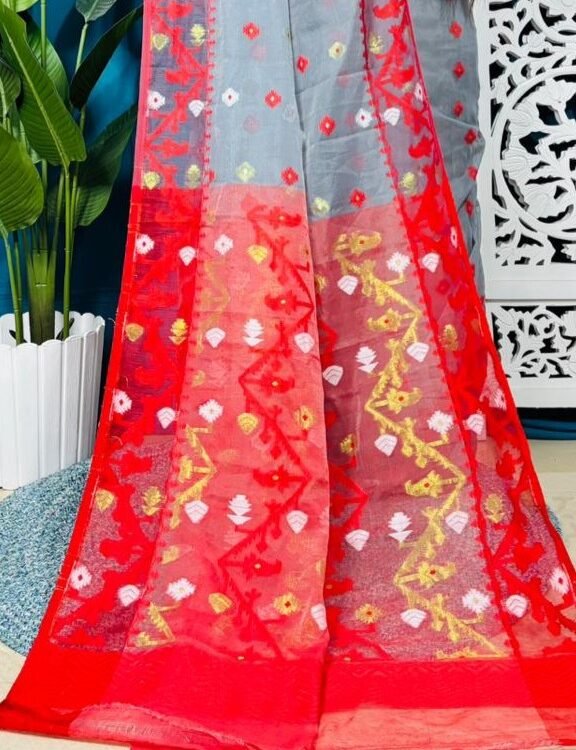 Hit Grey Korat Buti Soft Jamdani Sari With Blouse Piece