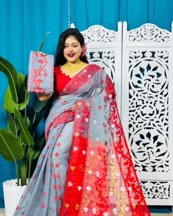 Hit Grey Korat Buti Soft Jamdani Sari With Blouse Piece