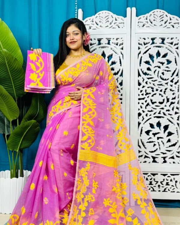 Hot Pink Soft Lota Jamdani Sari With Blouse Piece