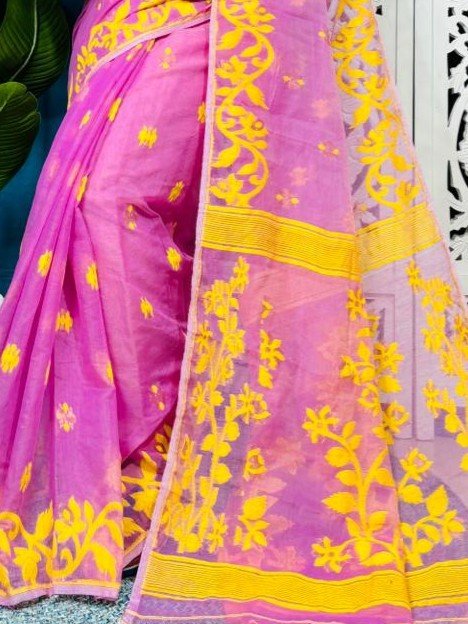 Hot Pink Soft Lota Jamdani Sari With Blouse Piece