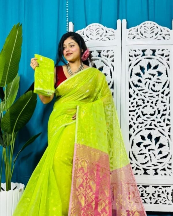 Lemon Green Soft Golden Buti Jamdani Sari With Blouse Piece