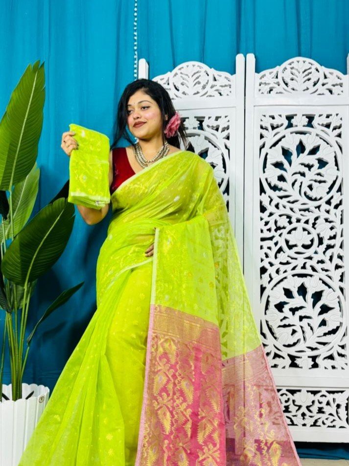 Lemon Green Soft Golden Buti Jamdani Sari With Blouse Piece
