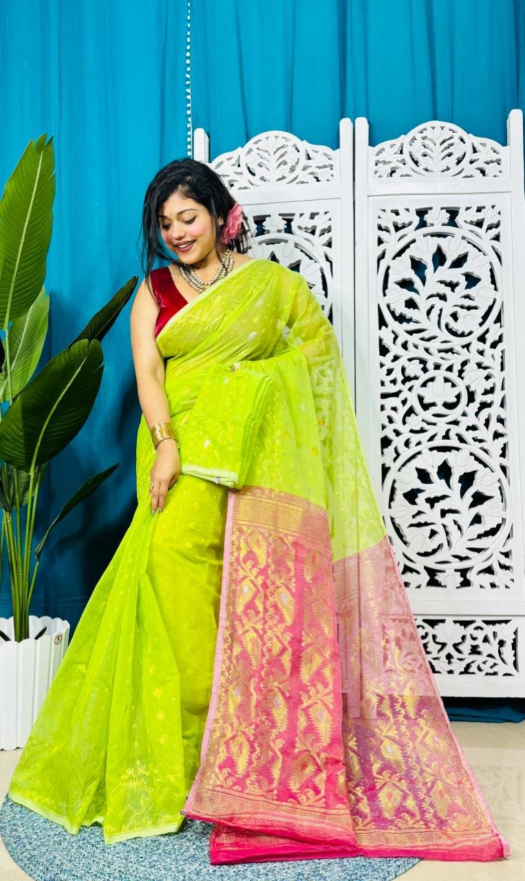 Lemon Green Soft Golden Buti Jamdani Sari With Blouse Piece