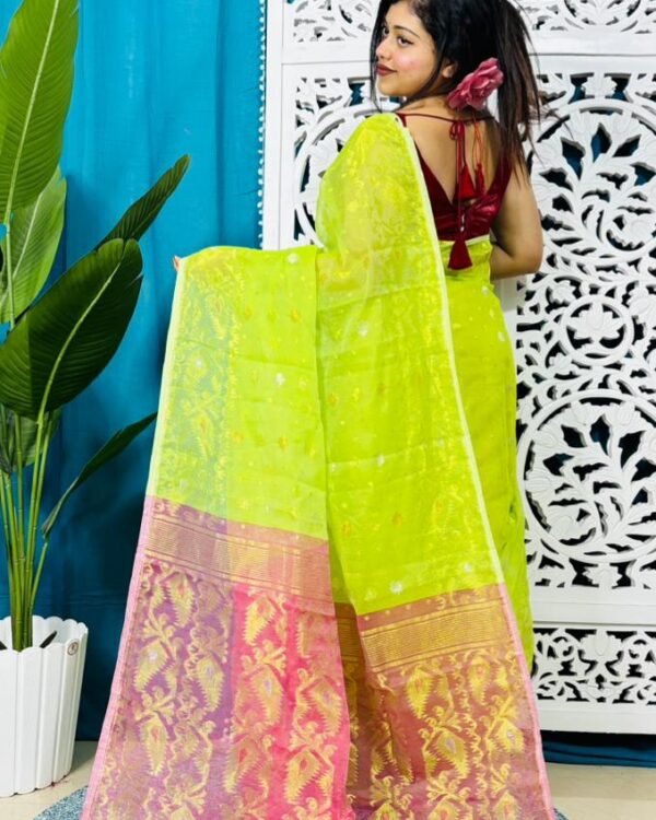 Lemon Green Soft Golden Buti Jamdani Sari With Blouse Piece
