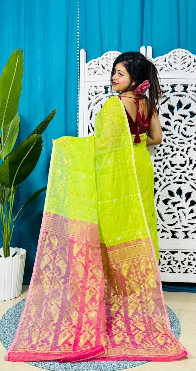 Lemon Green Soft Golden Buti Jamdani Sari With Blouse Piece