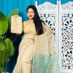 Light Cream Soft Golden Buti Jamdani Sari With Blouse Piece