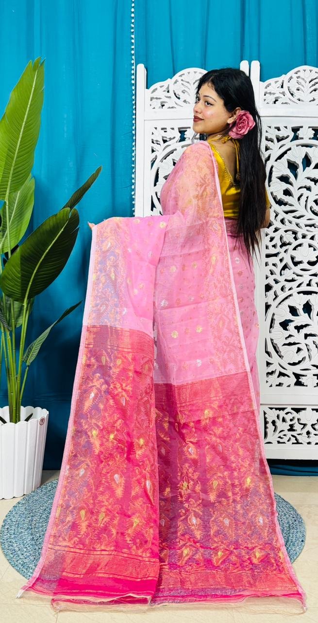 Light Pink Soft Golden Buti Jamdani Sari With Blouse Piece