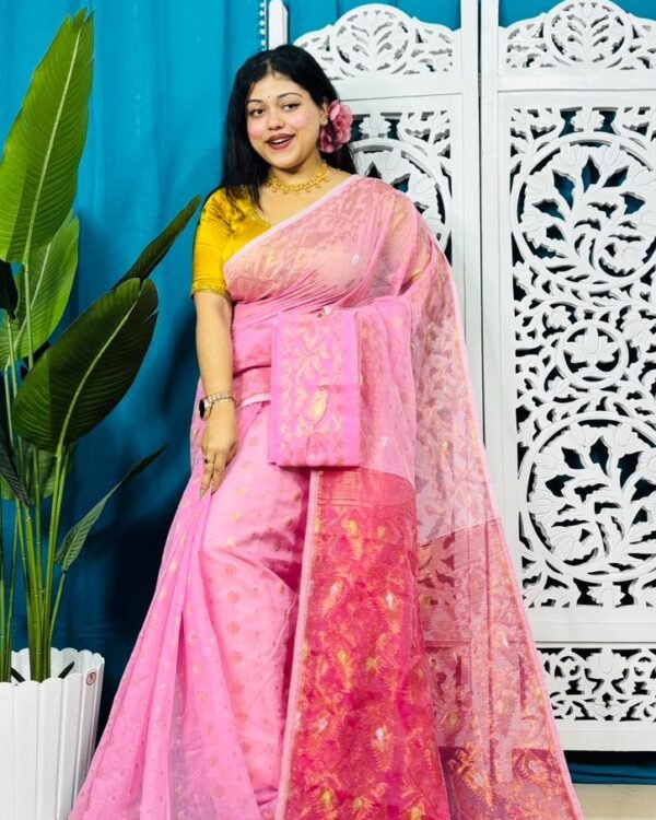 Light Pink Soft Golden Buti Jamdani Sari With Blouse Piece