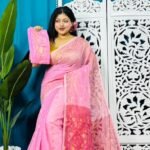 Light Pink Soft Golden Buti Jamdani Sari With Blouse Piece