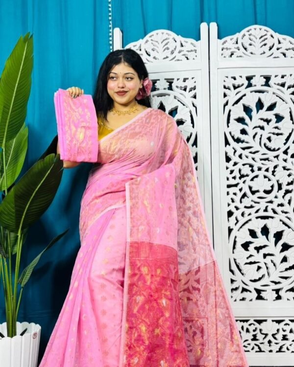Light Pink Soft Golden Buti Jamdani Sari With Blouse Piece