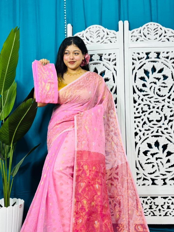 Light Pink Soft Golden Buti Jamdani Sari With Blouse Piece