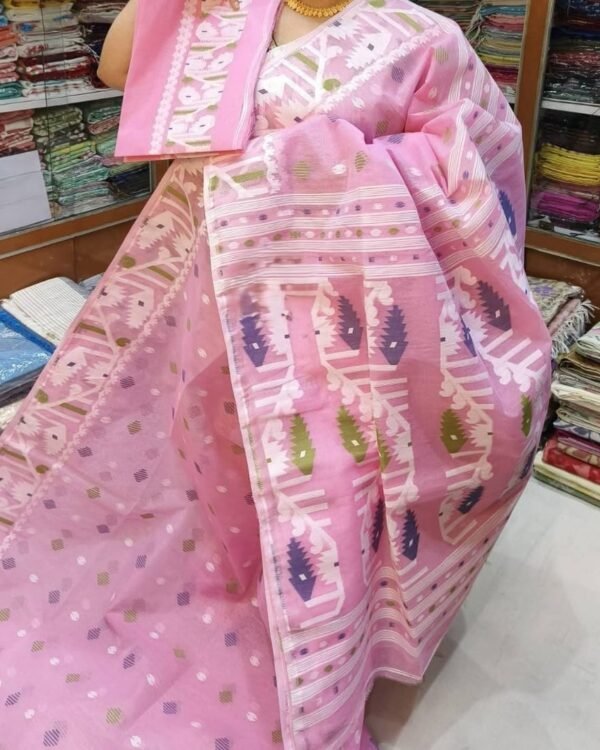 Light Pink Soft Dhakai Jamdani Sari With Blouse Piece
