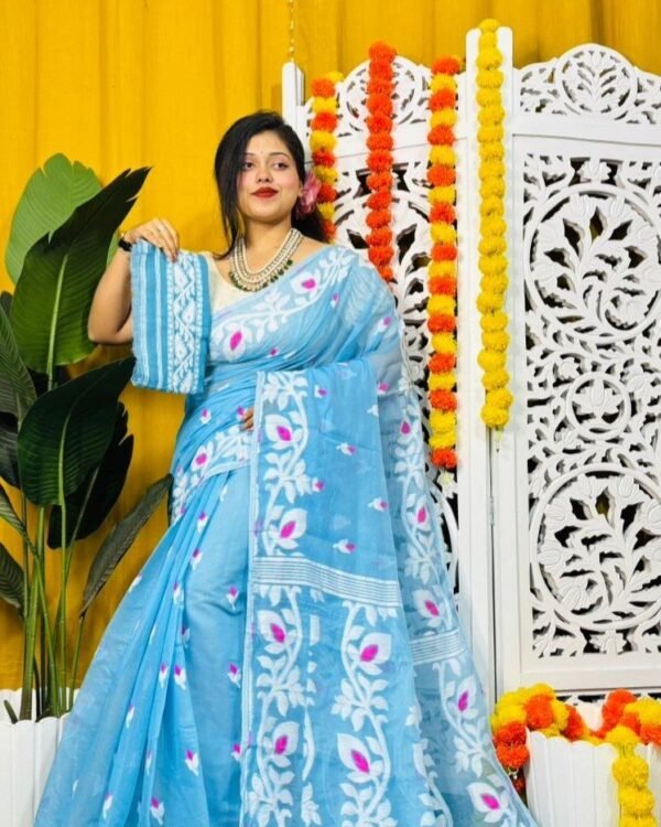 Loto Pata Soft Butterfly Blue Jamdani Sari