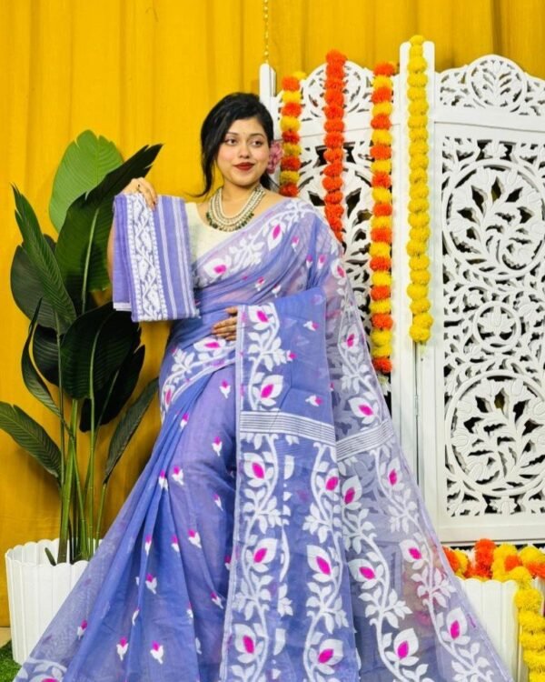 Loto Pata Soft Dusky Blue Jamdani Sari