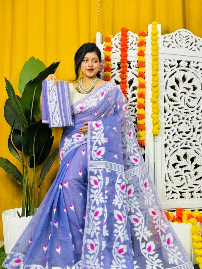 Loto Pata Soft Dusky Blue Jamdani Sari