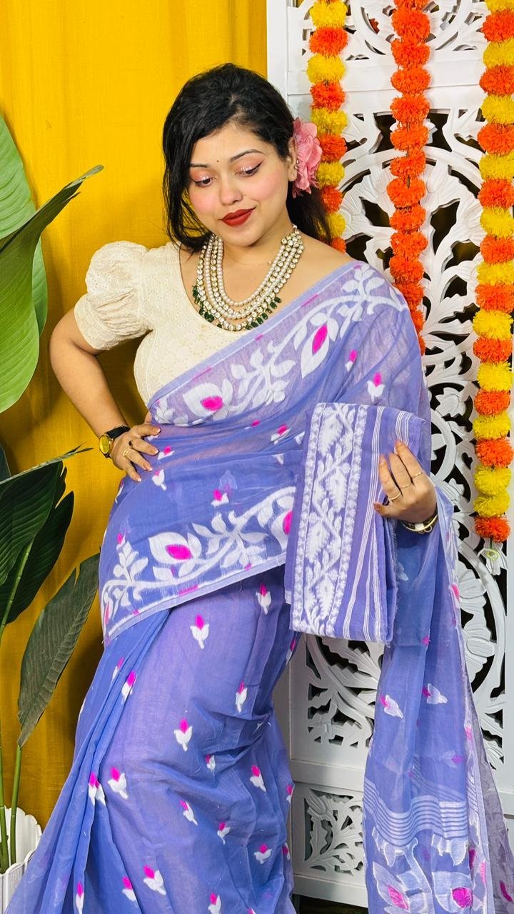 Loto Pata Soft Dusky Blue Jamdani Sari - Image 3