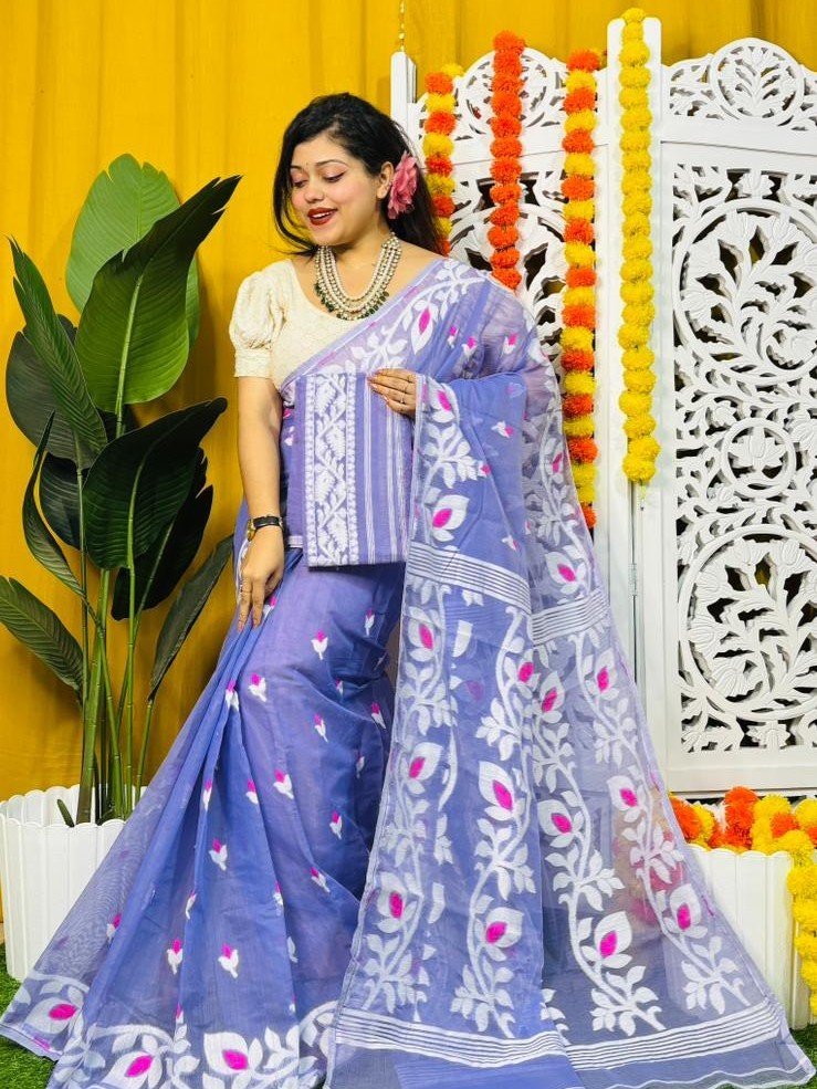 Loto Pata Soft Dusky Blue Jamdani Sari - Image 4