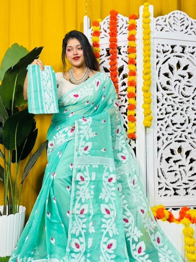 Loto Pata Soft Persian Green Jamdani Sari - Image 4