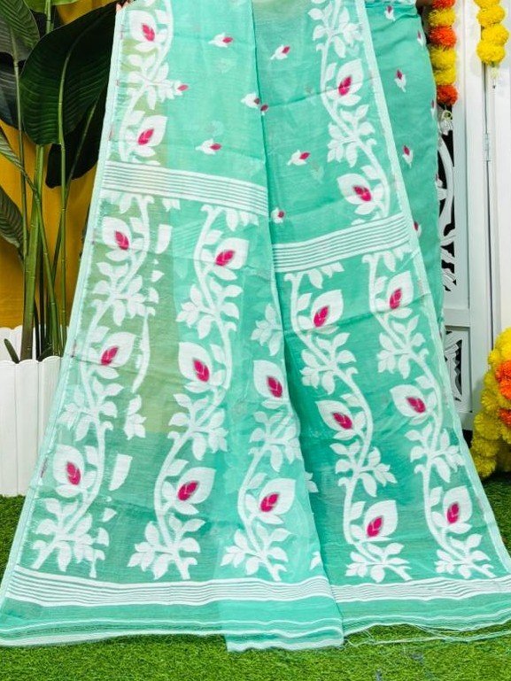 Loto Pata Soft Persian Green Jamdani Sari - Image 2