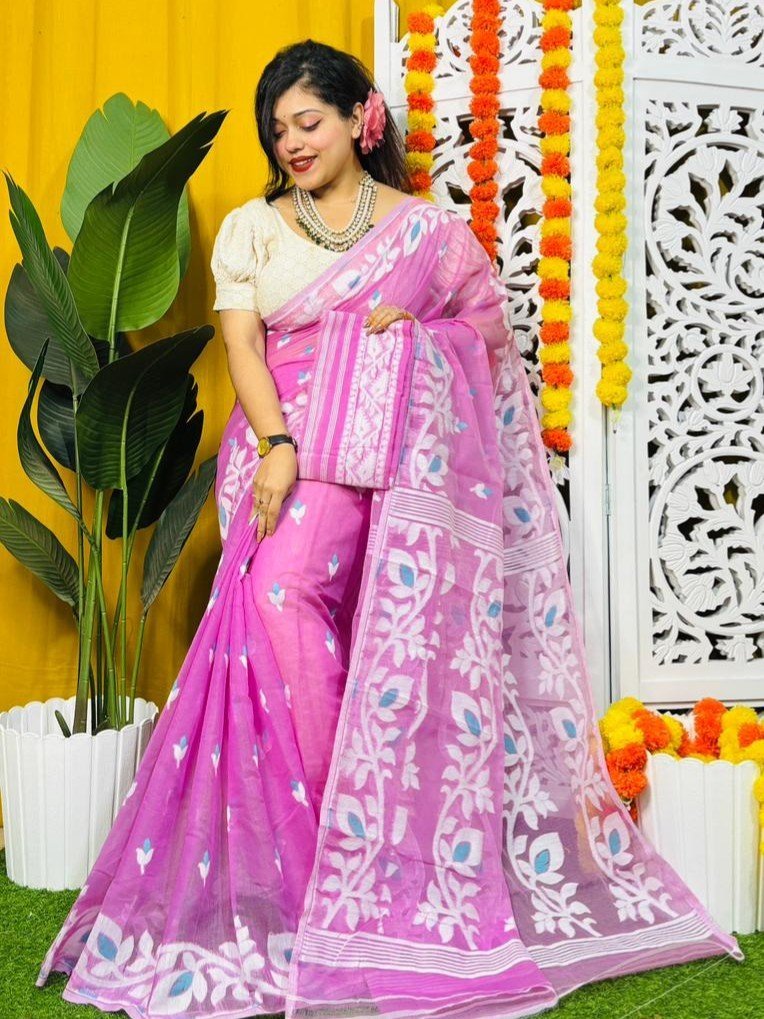 Loto Pata Soft Purplish Pink Jamdani Sari - Image 4