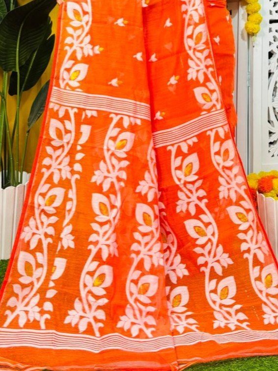 Loto Pata Soft Tomato Red Jamdani Sari - Image 2